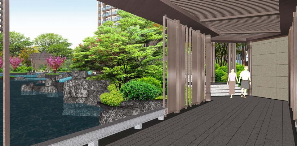 精铸超长风雨连廊,展现轴线的仪式感, 由廊漫步入庭院生活, 将整个